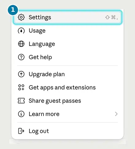 Claude account menu with Settings highlighted