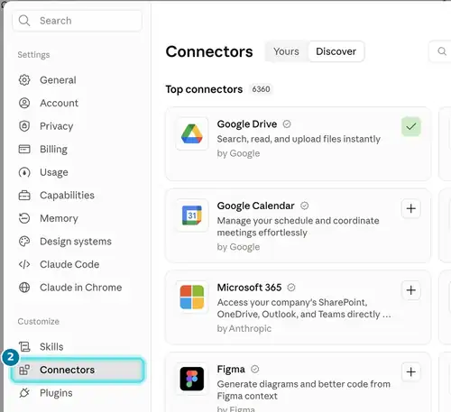 Claude Settings sidebar with Connectors highlighted