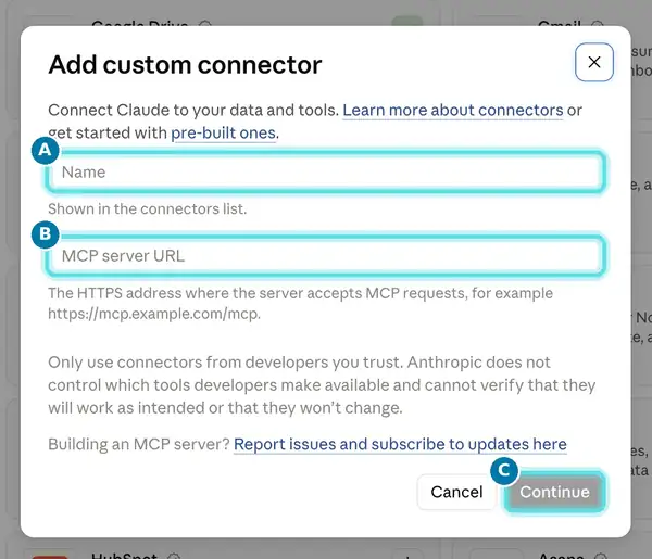 Add custom connector dialog with the Name and URL fields and the Continue button highlighted